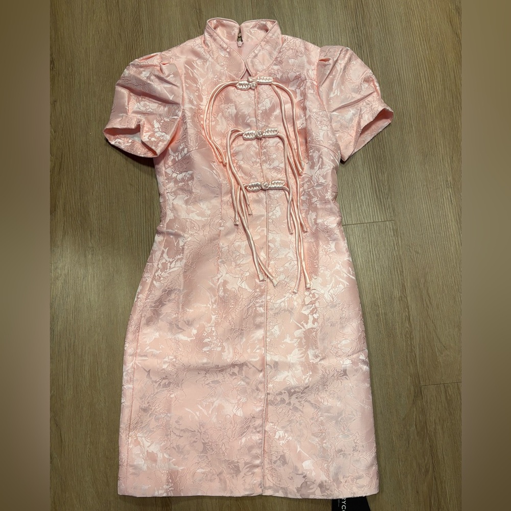 BURRYCO Pink Jacquard Mini Qipao Cheongsam Summer Dress
